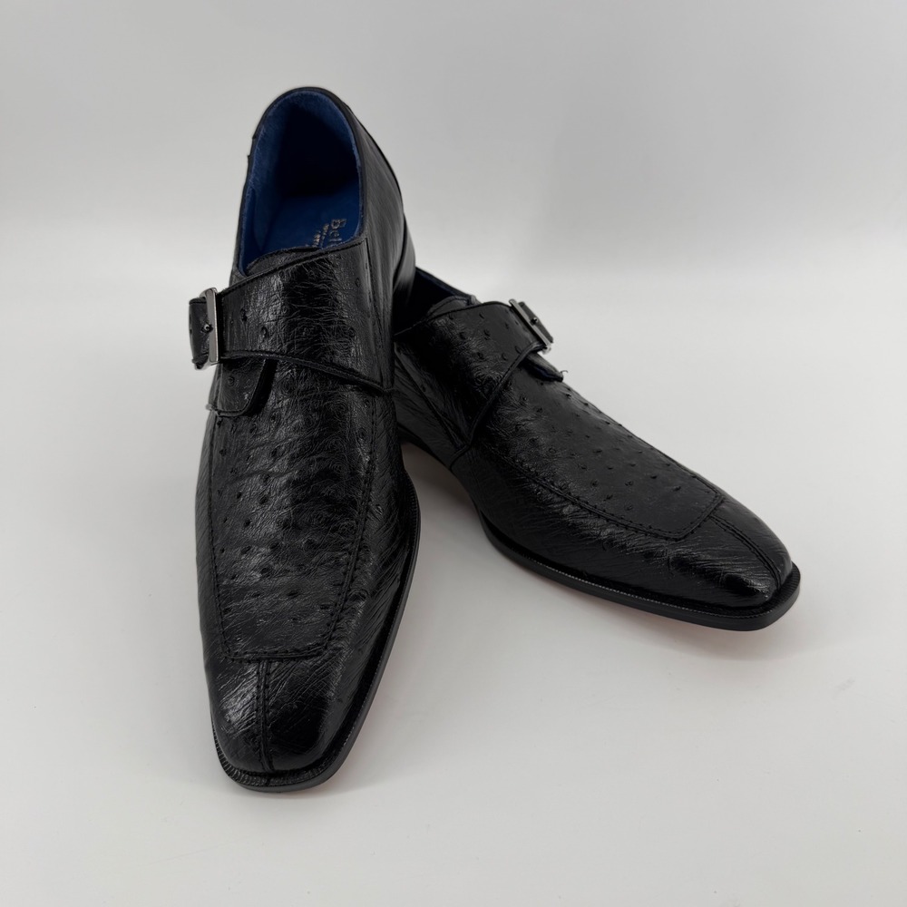 Belvedere Dress Shoes Men's 8.5 Black Genuine Ostrich Strap Square Toe Exotic